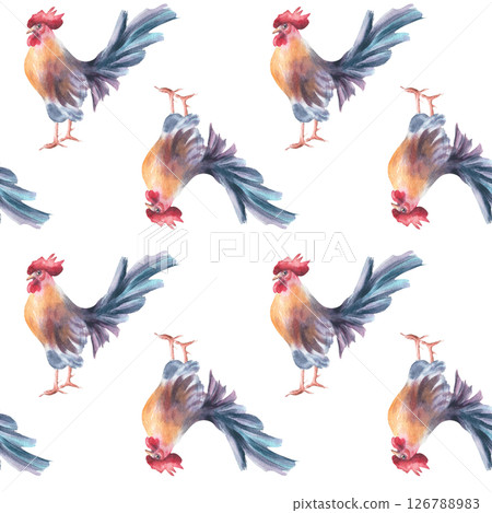 Watercolor seamless pattern with roosters and red comb isolated. Seamless country bird artwork painted on repeat background for folk textile, farmhouse tableware, and eco friendly packaging. Watercolor seamless pattern with roosters and red comb isolated. Seamless country bird artwork painted on repeat background for folk textile, farmhouse tableware, and eco friendly packaging. 126788983