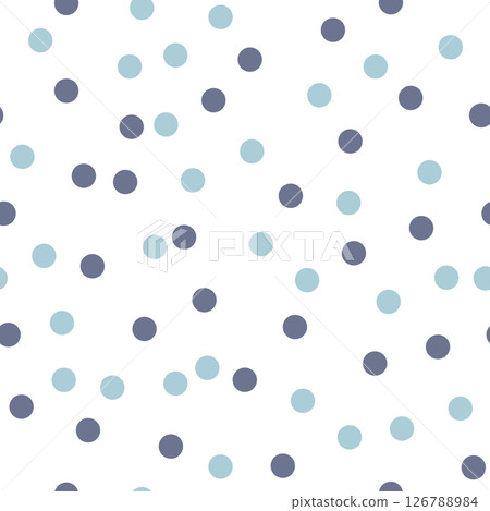 Soft pastel polka dot seamless pattern with light blue and navy dots on white background. Minimalist retro repeat design for baby textiles, nursery wallpaper, and Scandinavian home decor. 126788984
