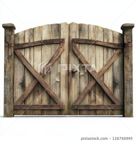 Rustic Wooden Gates with Natural Weathered Finish and Design 126788995