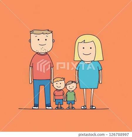 Simple Yet Colorful Cartoon Family Illustration on Vibrant Background 126788997