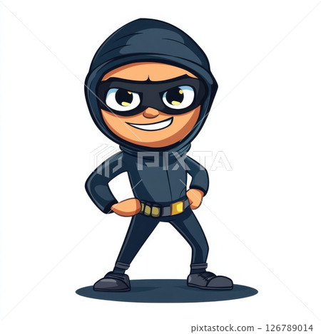 Cartoon Burglar Character in Black Outfit with Smiling Face 126789014