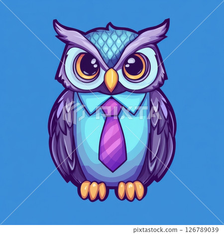 Cartoon Owl Character in a Tie, Vector Art on Blue Background 126789039