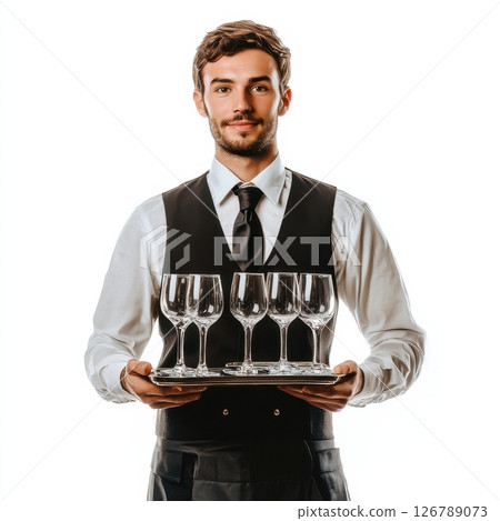 Professional waiter in black vest holding tray with wine glasses 126789073