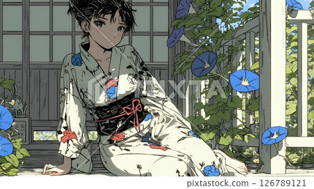 牽牛花和身著浴衣的年輕女子 牽牛花和身著浴衣的年輕女子 126789121