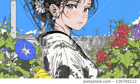 Morning glory and a young woman in a yukata Morning glory and a young woman in a yukata 126789122