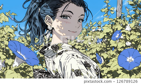 牽牛花和身著浴衣的年輕女子 126789126