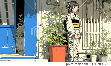 Morning glory and a young woman in a yukata 126789129