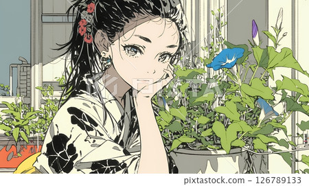 牽牛花和身著浴衣的年輕女子 126789133