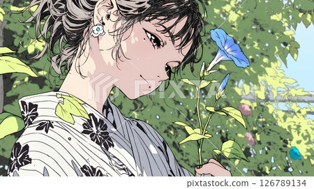 Morning glory and a young woman in a yukata Morning glory and a young woman in a yukata 126789134