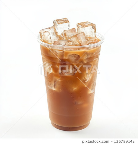 Refreshing Cold Beverage in Clear Cup with Ice Cubes Displayed Creatively 126789142