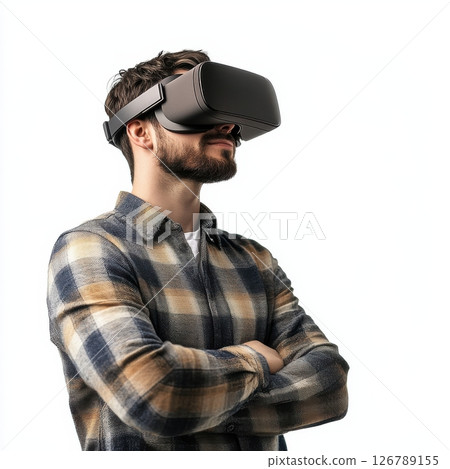 Person Wearing VR Headset Immersed in Virtual Experience 126789155