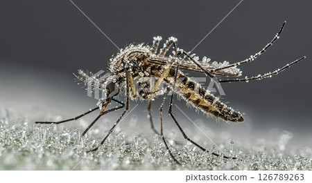 Detailed close-up of a frozen mosquito covered in ice crystals on a cold surface 126789263
