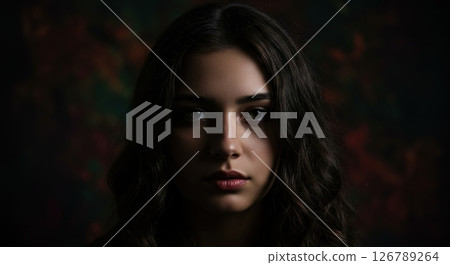 Intense young Caucasian woman with wavy brown hair looking directly at the camera Intense young Caucasian woman with wavy brown hair looking directly at the camera 126789264