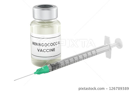 Meningococcal vaccine vial with syringe, 3D rendering Meningococcal vaccine vial with syringe, 3D rendering 126789389