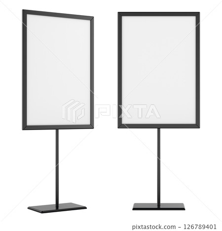 Vertical Sign Holders on Metal Stands Blank. Double Display Mockup. 3D Rendering Vertical Sign Holders on Metal Stands Blank. Double Display Mockup. 3D Rendering 126789401
