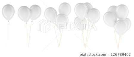 White glossy helium balloons grouped from one to five. Blank Mockup for Design or Celebration Template, 3D rendering 126789402