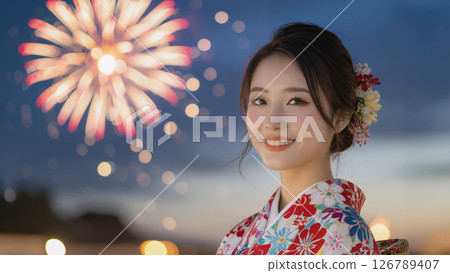 A woman in a yukata and a summer fireworks festival 126789407