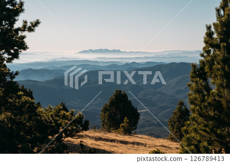 Distant ridgelines with morning mist and layered silhouettes viewed from a mountain meadow 126789413