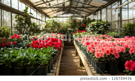 Rows of Red and Pink Azaleas in Greenhouse 126789436