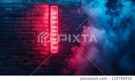 Red Neon Sign on Brick Wall with Blue Smoke 126789438