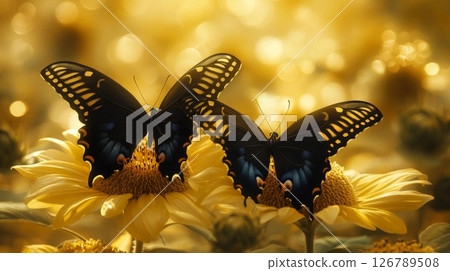 Two Black Butterflies on Yellow Sunflowers 126789508