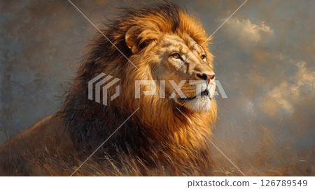 Majestic Male Lion Portrait in Stormy Weather 126789549