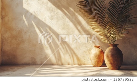 Beige Room Interior with Sunlight Shadows and Pottery 126789582