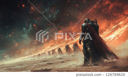 Army Marching Across a Fiery Planet Under a Starry Sky 126789620