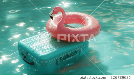 Pink Flamingo Float and Teal Suitcase in a Pool 126789625