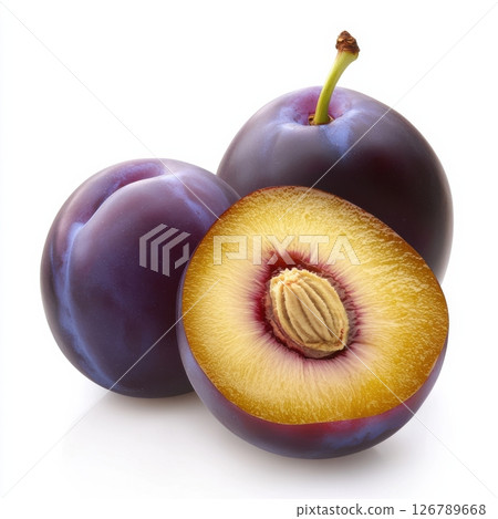 Fresh Plum With Deep Purple Skin Isolated On White Background 126789668