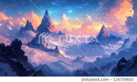 Pink And Blue Fantasy Mountain Landscape With Stars 126789683