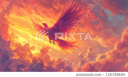 Fiery Phoenix Soaring Through a Sunset Sky 126789684
