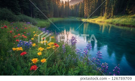 Vibrant Wildflowers Blooming by a Tranquil Teal Lake in a Mountain Forest 126789709