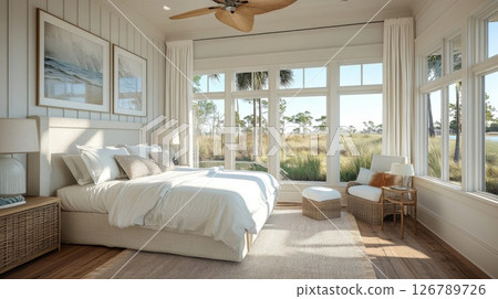 Bright White Coastal Bedroom with Ocean View Bright White Coastal Bedroom with Ocean View 126789726