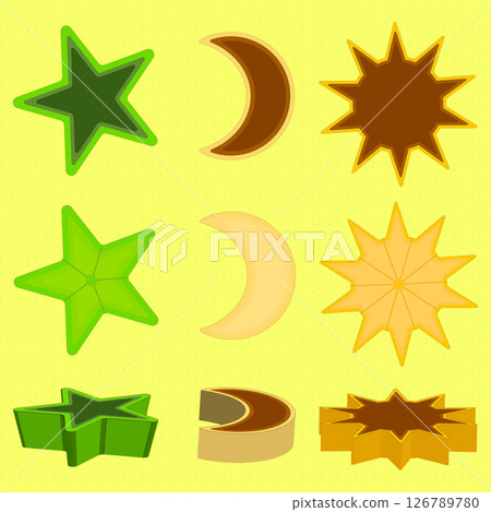 Set of beach sand molds for kids in shapes of stars, moons, and suns on yellow background. Colorful vector illustration for summer and playtime themes. Set of beach sand molds for kids in shapes of stars, moons, and suns on yellow background. Colorful vector illustration for summer and playtime themes. 126789780