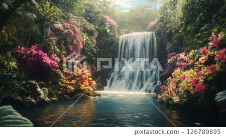 Lush Tropical Waterfall with Vibrant Flowers 126789895