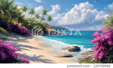 Tranquil Tropical Beach Scene with Pink Flowers 126789896