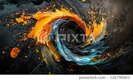 Abstract Swirling Paint in Orange Blue and Black 126790063