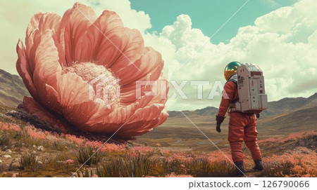 Astronaut Contemplates Giant Pink Flower in Surreal Landscape 126790066