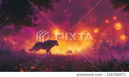Silhouetted Wolf and Pup in a Fiery Forest at Night 126790071