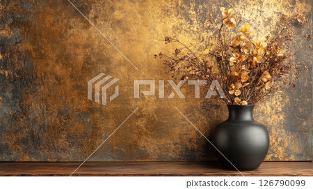 Dried Flowers in Black Vase Against Gold Background 126790099