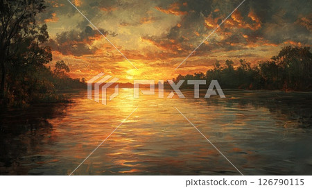 Vibrant Sunset over a Calm River Landscape 126790115