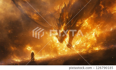 Fiery Dragon and Human Silhouette in a Dramatic Fantasy Scene 126790185