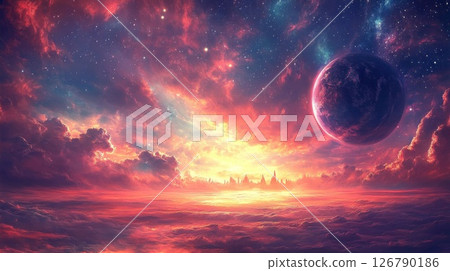 Vibrant Sunset Over Fantasy Cityscape With Purple Planet 126790186