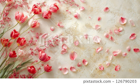 Pink and Red Tulips and Rose Petals on Beige Background 126790203