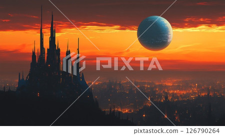 Futuristic Cityscape at Sunset with Alien Planet-插圖素材 [126790264] - PIXTA圖庫