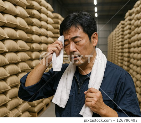The expression of a worker sweating while managing bags of rice 126790492