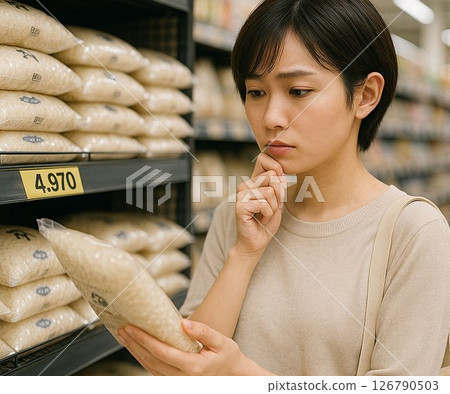 A woman in her twenties shopping, worried about the price of rice 126790503