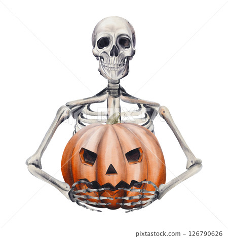 skeleton holding pumpkin. Jack's head. Halloween decor. Pumpkin seller. Realistic watercolor illustration isolated from background. Hand drawing. The skull smiles. High quality illustration skeleton holding pumpkin. Jack's head. Halloween decor. Pumpkin seller. Realistic watercolor illustration isolated from background. Hand drawing. The skull smiles. High quality illustration 126790626
