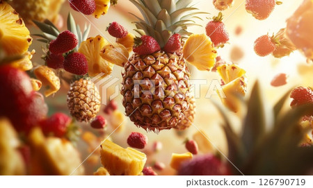 Floating Pineapple and Strawberries in a Vibrant Summer Setting 126790719
